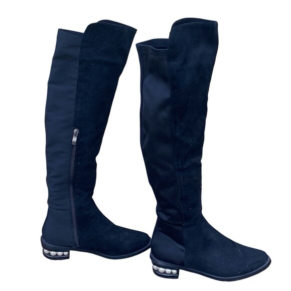 CATHERINE MALANDRINO Black Vegan Suede Over the Knee Pearl Heel Boot 7.5 - Picture 5 of 14